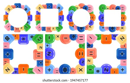 Set of cute round and square frame templates with square and round colorful buttons of different shapes with stitches and copy space. White background. Flat style illustration.