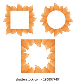 Set of cute round and square frame templates with colorful leaves and copy space. White background. Flat style illustration.