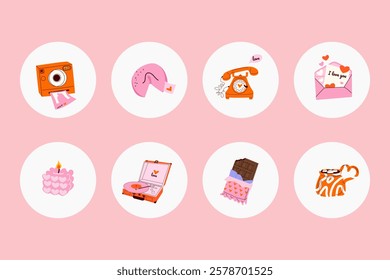 Set of cute round stickers for daily diary and Set of cute circle stickers for daily diary and planner.Romantic doodle vector icons pack for decorating gift presents.Collection of scrapbooking design