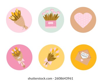 a set of cute round stickers for Mother's Day with beautiful bouquets of tulips