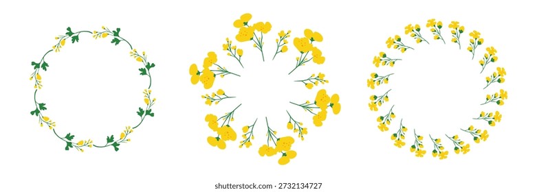 Set of cute round wreaths with hand drawn canola rapeseed flowers isolated on white background.