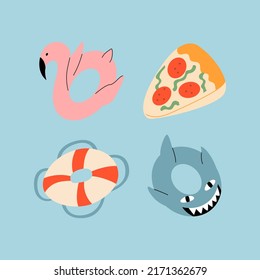 Juego de lindos anillos de goma y juguetes para piscina y mar. Accesorio de playa. Flamingo, tiburón, boya salvavidas, pizza. Ilustración plana vectorial sobre fondo aislado