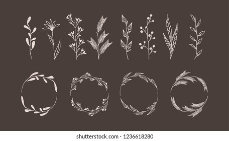 Set of cute rustic vector elements. Floral. Frames. Minimalism retro style. 
