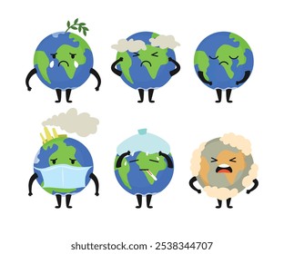 Conjunto de bonitinho triste personagem da terra chorando coleção, desenhos animados da terra, bonito personagem do planeta Terra chorando alto, desenhos animados doentes planetas mascotes com problemas de ecologia tal ilustração de poluição.