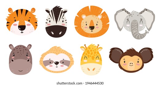 Set of cute safari animal faces. African wild animals isolated on white background. Hand drawn cartoon style vector illustration for kids. Lion, tiger, hippo, zebra, giraffe, monkey, elephant, sloth
