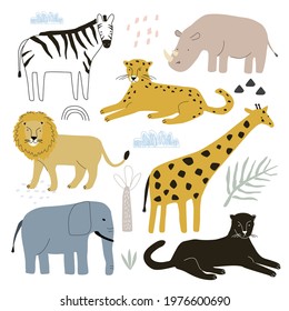 Set with cute safari animals giraffe, lion, elephant, leopard, zebra, rhino and panther isolated on white background. Vector illustration for printing on fabric, packaging paper, clothing