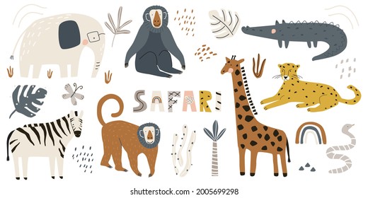Set with cute safari animals giraffe elephant, leopard, zebra, giraffe, monkey, crocodile and snake isolated on a white background. Vector illustration for printing on fabric, packaging paper