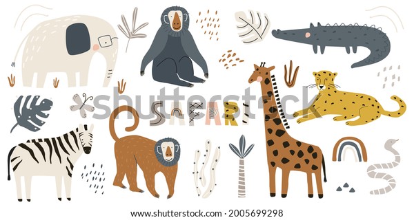 Set
with cute safari animals giraffe elephant, leopard, zebra, giraffe,
monkey, crocodile and snake isolated on a white background. Vector
illustration for printing on fabric, packaging
paper