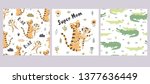 Set of cute safari animals graphic. Seamless patterns and Super Mom print in childish style. Vector illustration