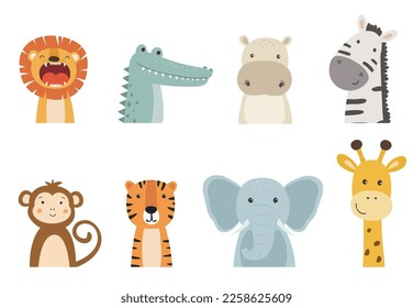 Conjunto de bonitos animales de safari aislados en un fondo blanco. Ilustración vectorial para postal, papel envolvente, pegatina, libro, impresión en tela, invitación.  