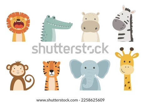 Set of cute safari animals isolated on white background. Vector illustration for postcard, wrapping paper, sticker, book, printing on fabric,  invitation.  
