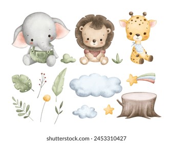 Set of Cute Safari Animals and Nature Elements