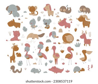 Set cute safari animals. Vector print for children room, fabric, paper, greeting card, postcard, card, t shirt, poster, textile. Elephant, jaguar, giraffe, sloth, lion, zebra, monkey