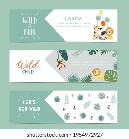 Set of cute safari with giraffe, zebra,monkey.Vector illustration for baby invitation, kid birthday invitation,banner and postcard