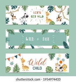 Set of cute safari with giraffe, zebra,monkey.Vector illustration for baby invitation, kid birthday invitation,banner and postcard