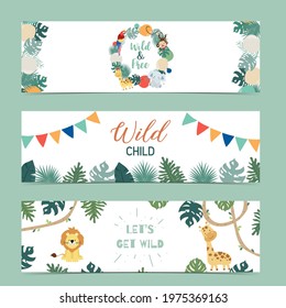 Set Of Cute Safari With Giraffe,lion,monkey.Vector Illustration For Baby Invitation, Kid Birthday Invitation,banner And Postcard