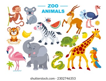 Set of cute safari, jungle, australian animals vector illustration. Cartoon animalistic characters in flat style: monkey, koala, elephant, giraffe, zebra, ostrich, flamingo, gazelle, turtle, tiger.