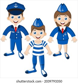 Set of cute sailors. Isolated on white background. Vector illustration.
