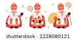 Set of cute Saint Nicholas or Sinterklaas with bag of gifts, gift box and staff. Happy St Nicholas Day. Old man bishop character. Winter Christian holiday. Mascot cartoon vector illustration.