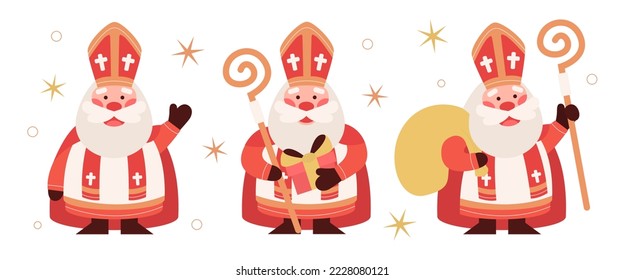 Set of cute Saint Nicholas or Sinterklaas with bag of gifts, gift box and staff. Happy St Nicholas Day. Old man bishop character. Winter Christian holiday. Mascot cartoon vector illustration.