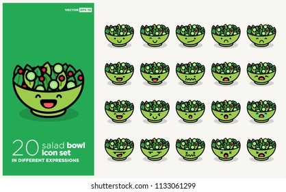Set of Cute Salad Emoji Line Icons In Different Expressions