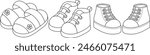 Set of cute sandals and shoes coloring page for kids isolated on white background. Black and white coloring for preschool children. Vector illustration, hand-drawn  