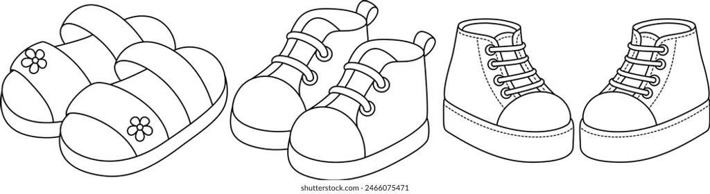 Conjunto de sandalias lindas y zapatos para colorear página para niños aislados sobre fondo blanco. Coloración en blanco y negro para niños preescolares. Ilustración vectorial, dibujada a mano  