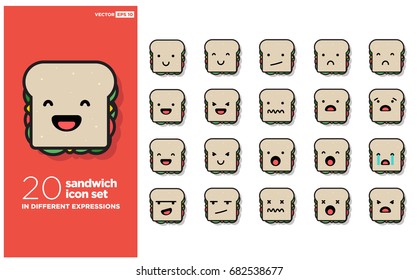 Set of Cute Sandwich Emoji Line Icons In Different Expressions