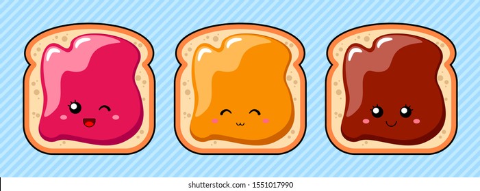 set of cute sandwich with jam, peanut butter and chocolate paste in kawaii style with different emotions