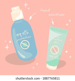 Set of cute sanitizer bottle and gel for hands.  Vector illustration theme of hygiene, disinfect, medical, clean life, anti virus, bacteria, health care, sensitive skin