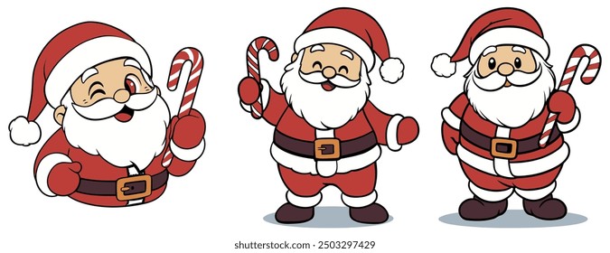 Set of Cute Santa with Candy Canes, Ideal for Holiday and Christmas Themes - Flat Vector Illustration