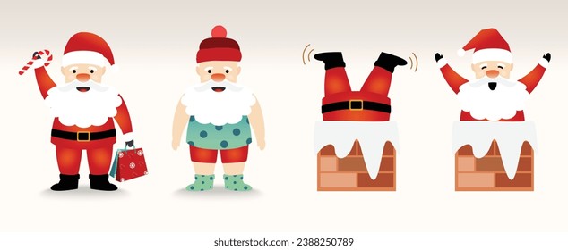 Set of cute Santa Claus. The act of Santa with candy and present bags, Santa stuck with chimney, Vector illustration. For new year cards, banners, headers, posters.
