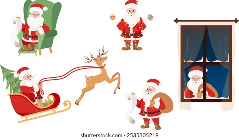 Set of cute Santa Claus characters in different poses, emotions, holiday situations isolated on white background. Hand drawn Christmas vector illustration.