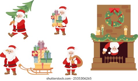 Set of cute Santa Claus characters in different poses, emotions, holiday situations isolated on white background. Hand drawn Christmas vector illustration.