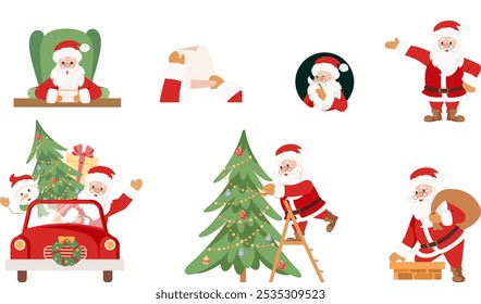 Conjunto de lindos personajes de Santa Claus en diferentes poses, emociones, situaciones de vacaciones aisladas sobre fondo blanco. Ilustración vectorial de Navidades dibujadas a mano.