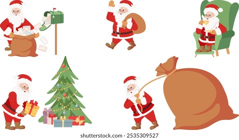 Conjunto de lindos personajes de Santa Claus en diferentes poses, emociones, situaciones de vacaciones aisladas sobre fondo blanco. Ilustración vectorial de Navidades dibujadas a mano.