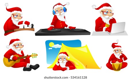 Set of cute Santa Claus characters resting in a camping. Set of Santa Claus characters relaxing with guitar on a vacation. Santa Claus playing chess. Vector illustration isolated on white background.