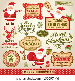 Set of Cute Santa Claus, Christmas design elements with vintage labels, icons and illustrations