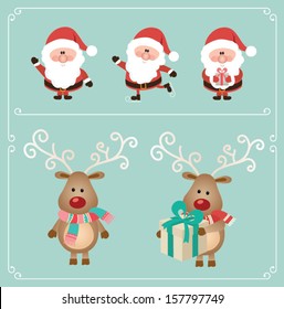 Set of cute santa claus and Christmas deer. Vector illustration