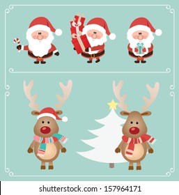 Set of cute santa claus and Christmas deer. Vector illustration