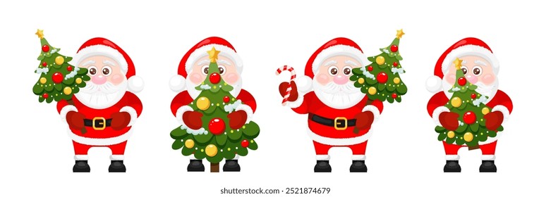 Set of cute Santa Claus with Christmas tree and candy cane. Merry Christmas and happy new year. Isolated vector illustration.