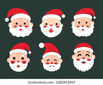 Set of cute santa claus face in flat style Vector Illustration for Christmas Celebrations