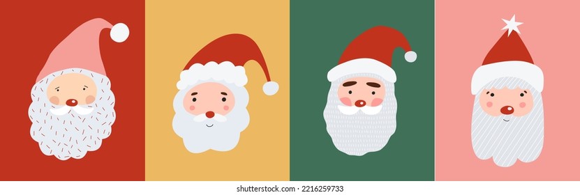 Set de Cute Santa Claus se enfrenta a un afiche con un colorido fondo retro. Personajes vectores de Navidad al estilo de las caricaturas. 