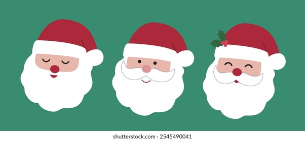 Set Of Cute Santa Claus Head Flat Vector Illustration.
Santa Claus Face.
Funny Santa Head Clipart.