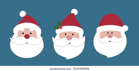 Conjunto de linda cabeza de Santa Claus Ilustración vectorial plana.
Cara de Papá Noel.
Divertido Clipart de Santa.