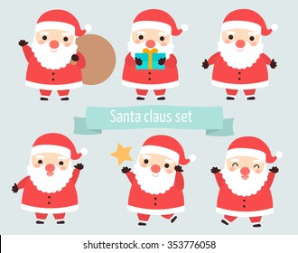 set of cute santa claus in many pose such as holding bag, holding present.isolated