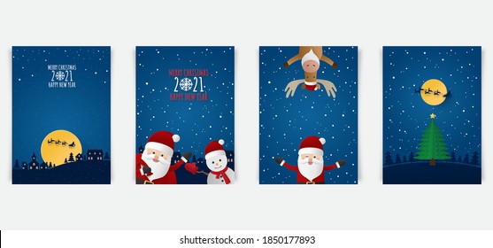 Set of Cute santa claus, moose and snowman with landscape forest. Merry christmas and happy new year. Christmas greeting card