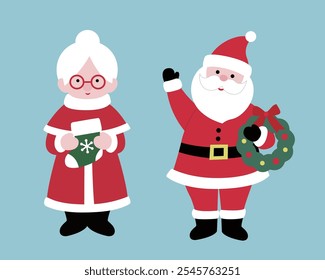 Set of Cute Santa Claus and Mrs Claus flat vector stock illustration.
Christmas granny and santa claus clipart.
Merry Xmas design element.
Good for card, banner, flayer, leaflet, poster. 