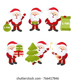 Set of cute Santa Claus. New Year cartoon characters. Santa with Christmas tree, guitar, gift bags.