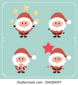 Set of cute Santa Claus on blue background. Vector illustration